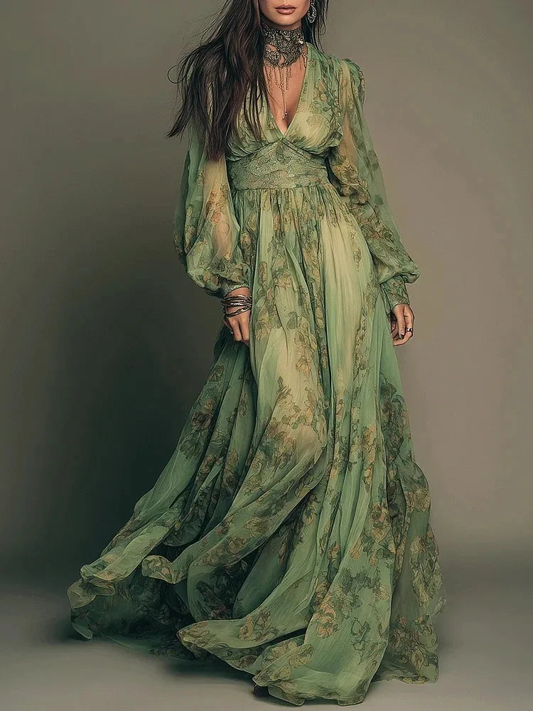 Elegant Green Floral Print Chiffon Maxi Deep V Neck High Waist Dress