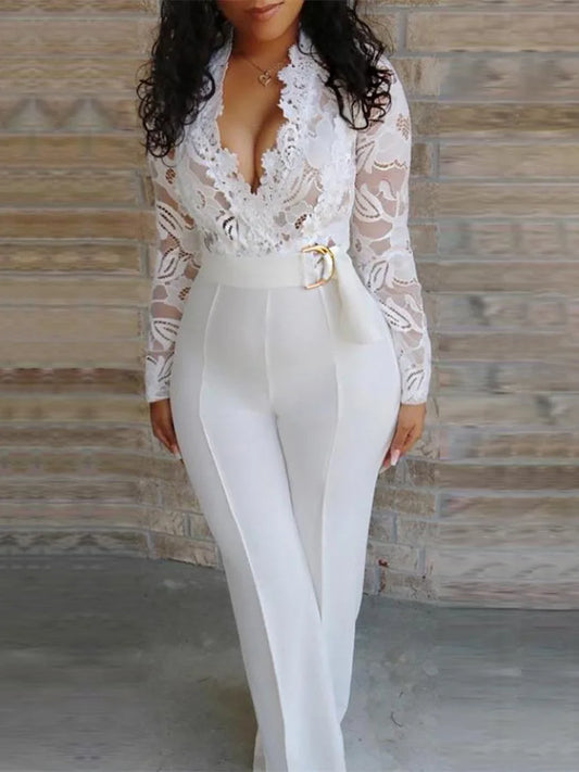 Women White Lace Stitching Long Sleeve V-neck Wide Leg Pants With Belt Romper