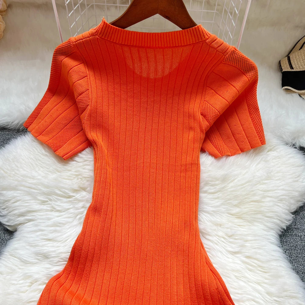 Knitted Designer Scoop Neck Short Sleeve Sweater Dress