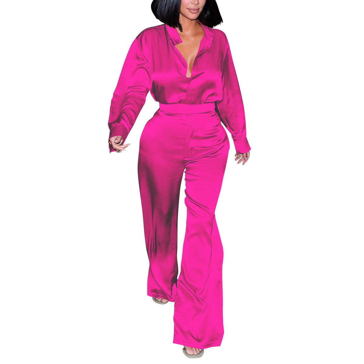 Satin Women's Long Sleeve Blouse and Wide Leg Pant 2 Piece Set
