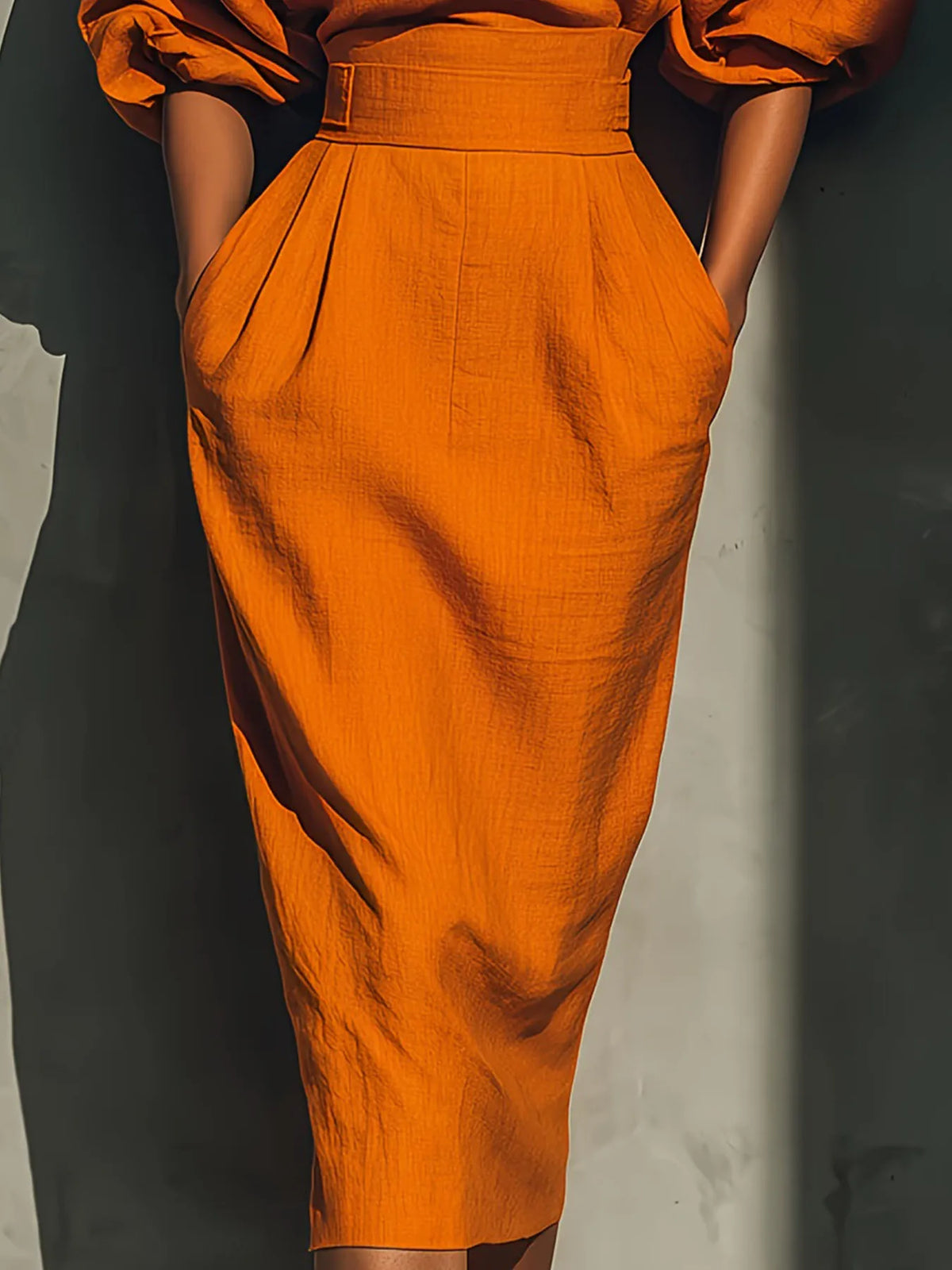 Women O-neck Lantern Sleeve Pocket Midi High Waist Pleated Wrap Hip Dress