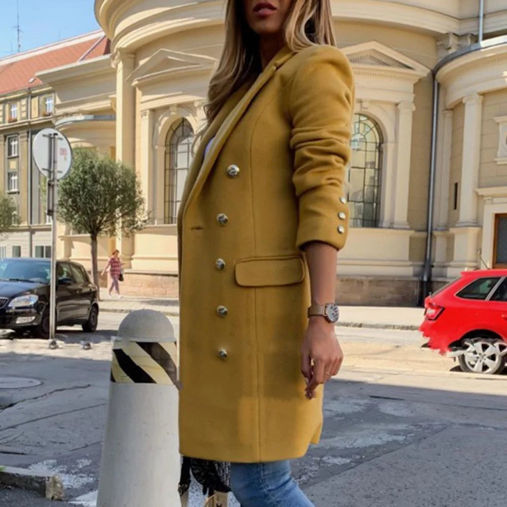 Women Solid Color Button Down Slim Sleeve Long Winter Coat