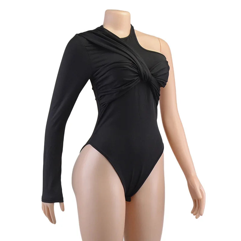 Sexy Pleated One Shoulder Long Sleeve High Waist Slim Backless Twist Bodysuit