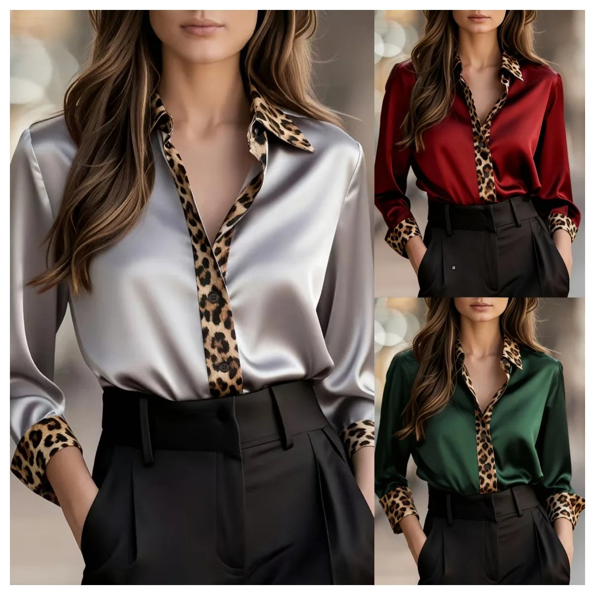 Elegant Long Sleeve Button Down Leopard Print Collar Loose Fit Blouse 