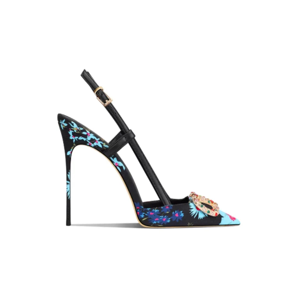 Elegant Floral Pointed Toe Jewel Buckle Stiletto Heels