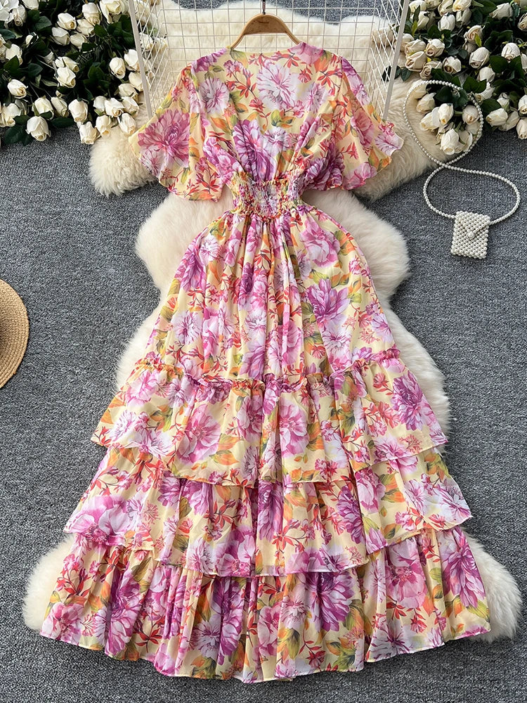 French Style Floral Retro V-neck Ruffle Sleeve High Waisted Chiffon Dress