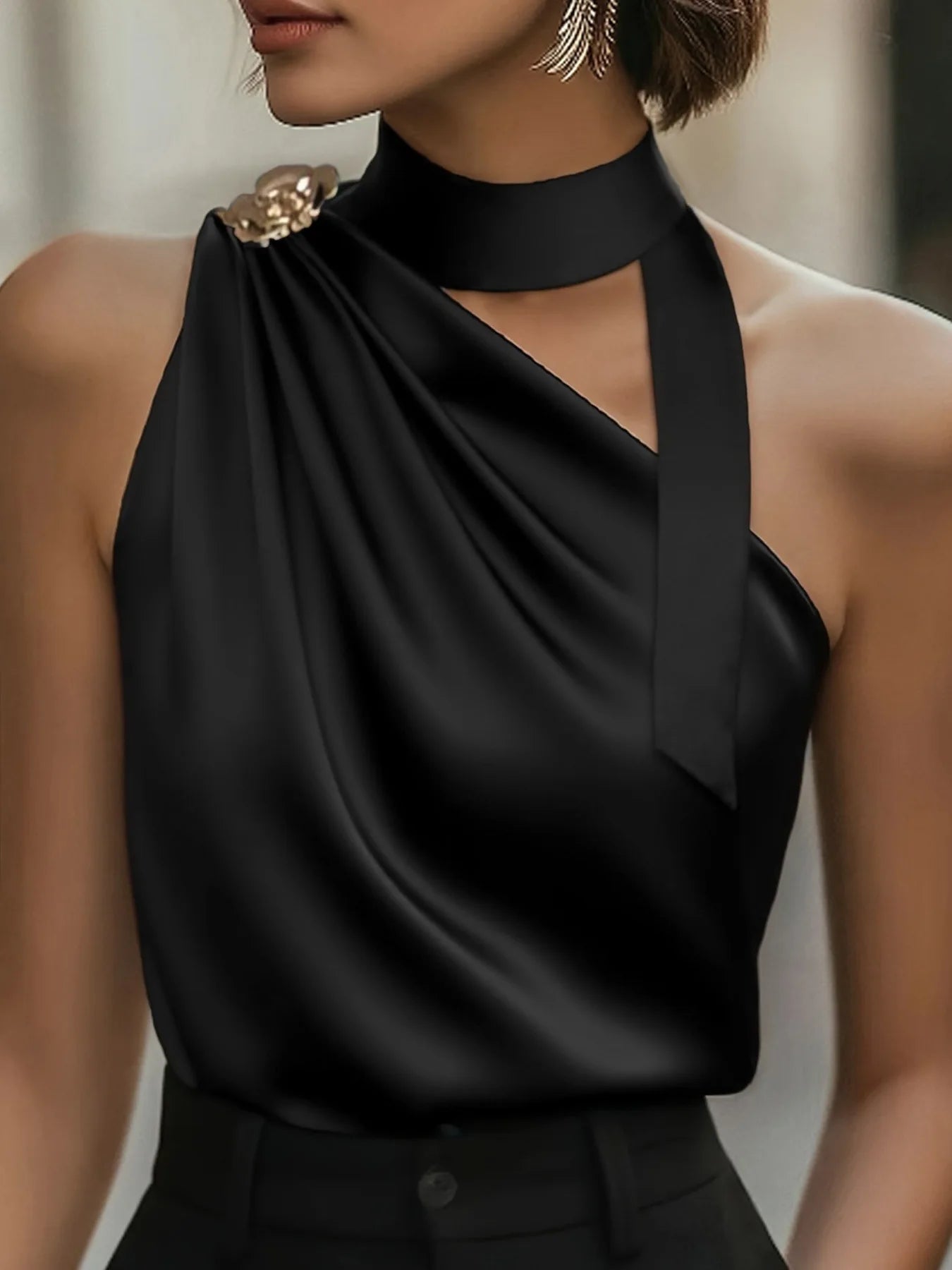 Satin Turtleneck Bow Lace Up One-Shoulder Design Sleeveless Blouse
