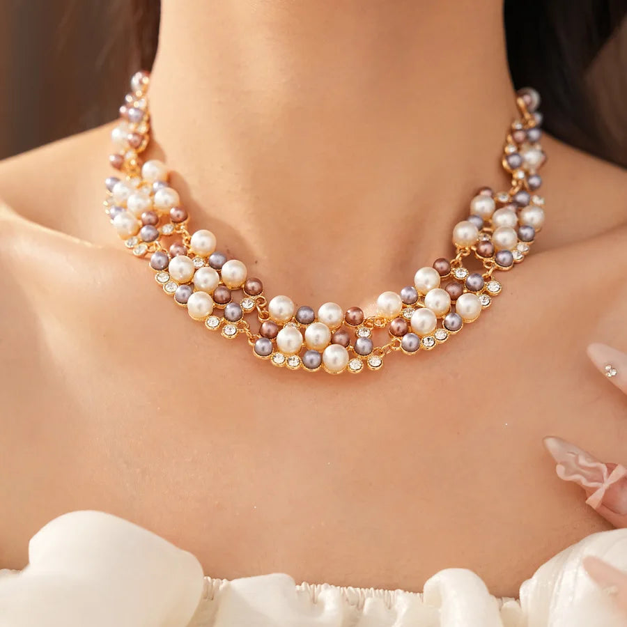 Vintage Pearl Rhinestone Choker Necklace and Earrings Set