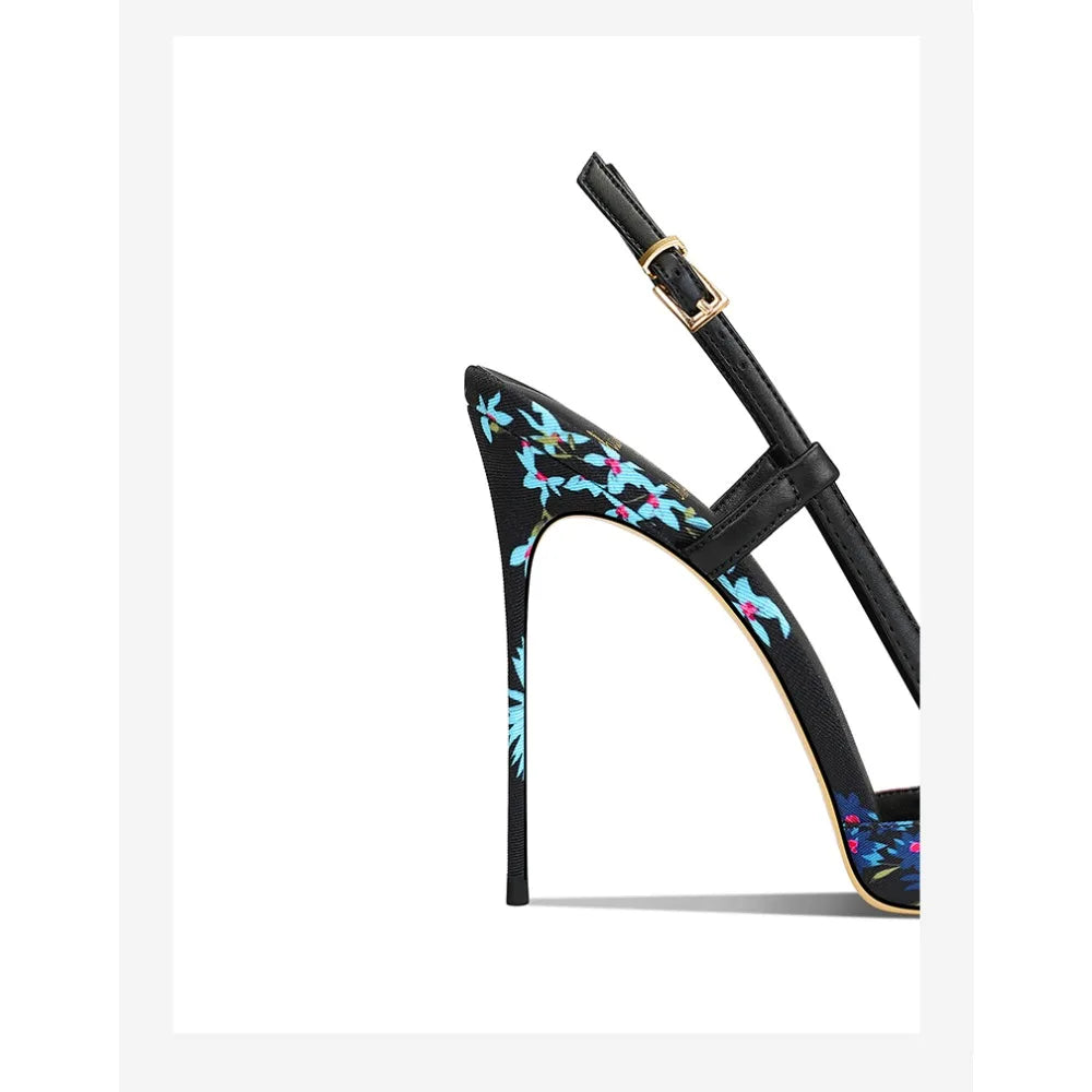 Elegant Floral Pointed Toe Jewel Buckle Stiletto Heels