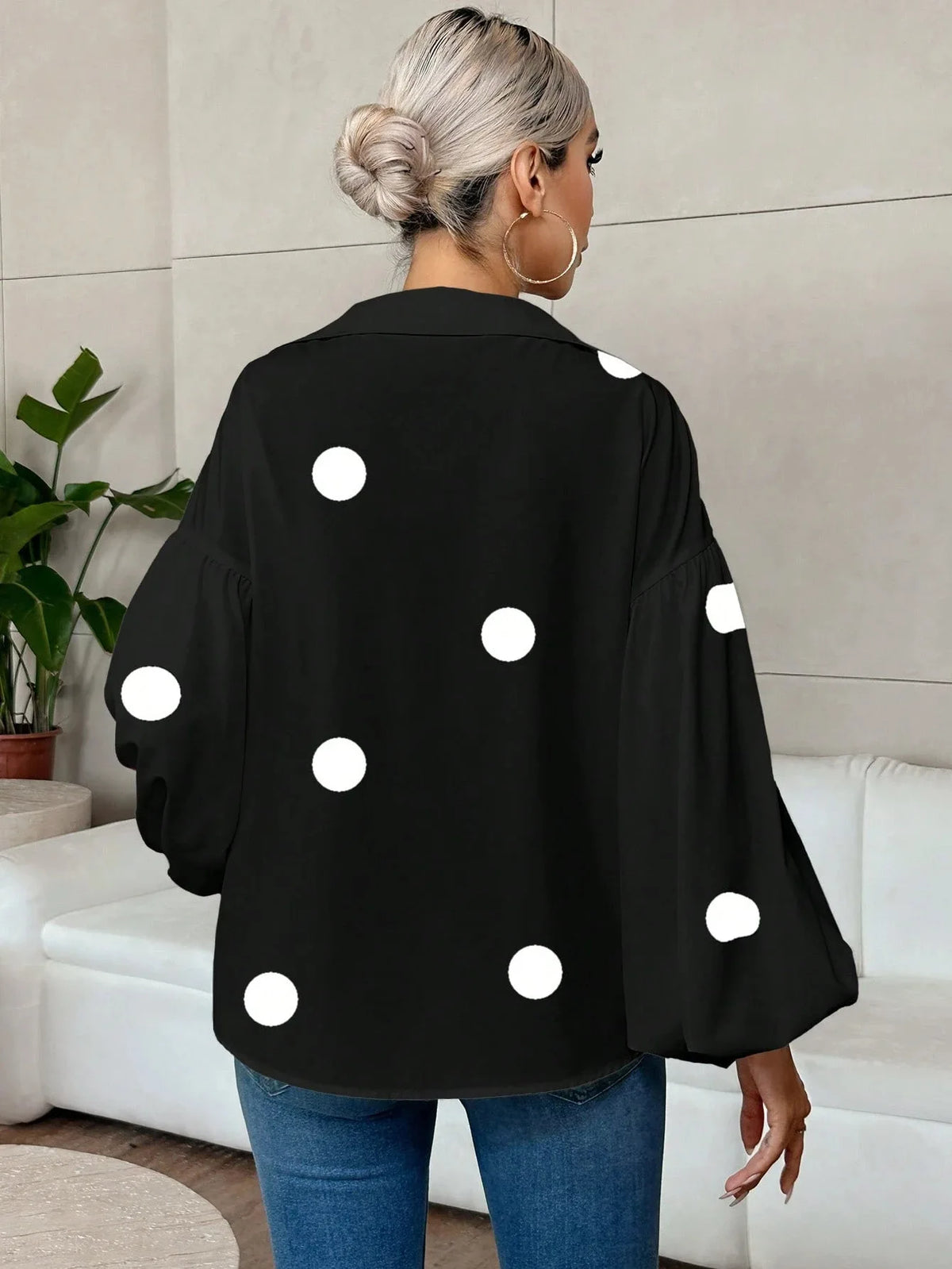 French Polka Dot Print Long Sleeve Casual V-Neck Oversized Blouse
