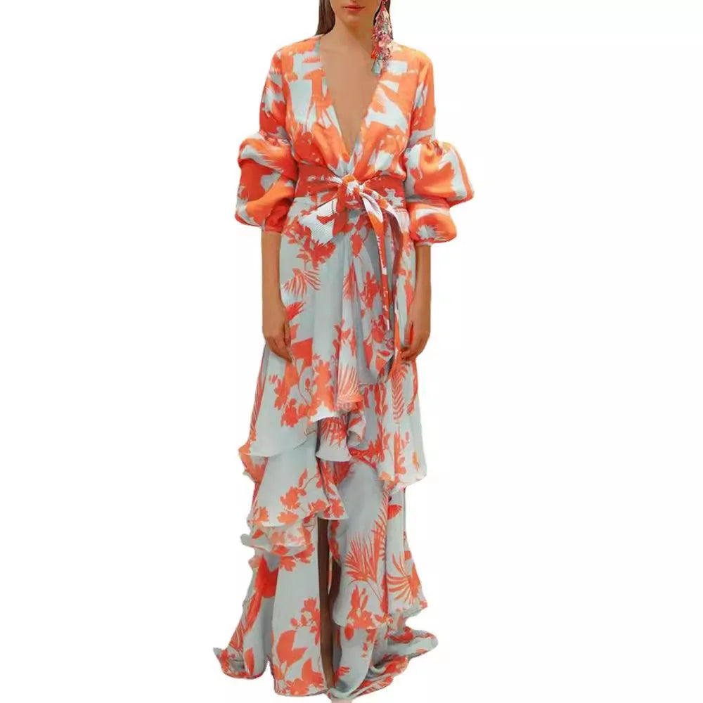 Summer Chiffon Floral Print V-Neck Beach Irregular Bohemian Dress