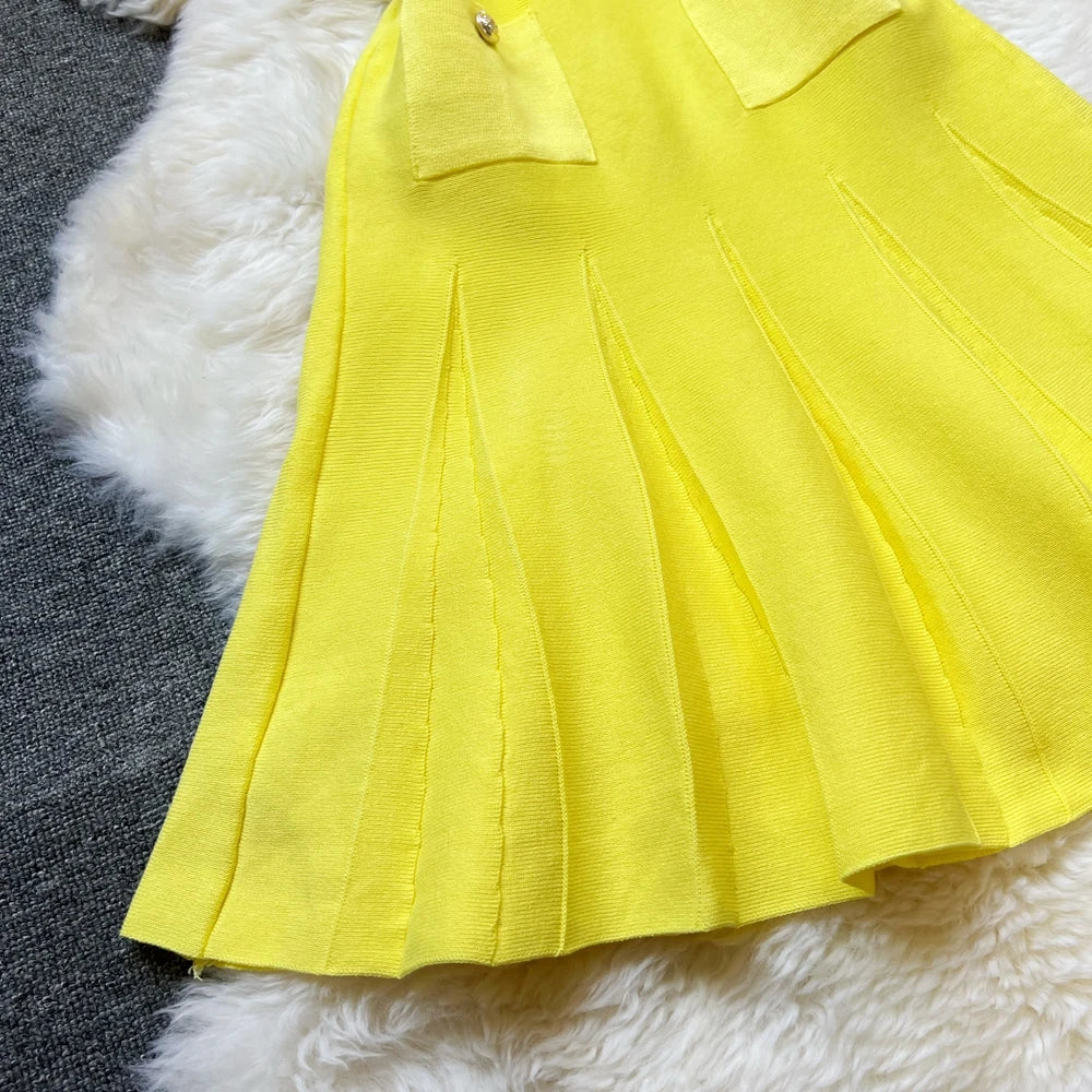 Pleated Scoop Neckline Slim Waist A-line Dress