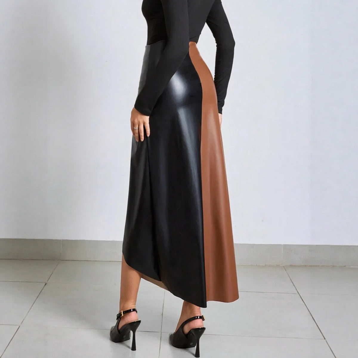 Women's Faux Leather Color Block High Waist Designer Long Skirt