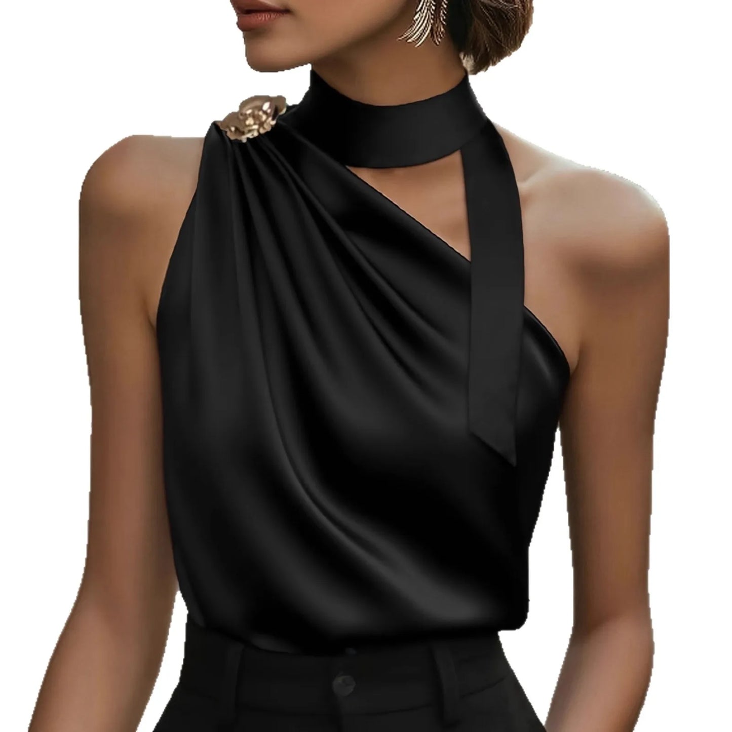 Satin Turtleneck Bow Lace Up One-Shoulder Design Sleeveless Blouse