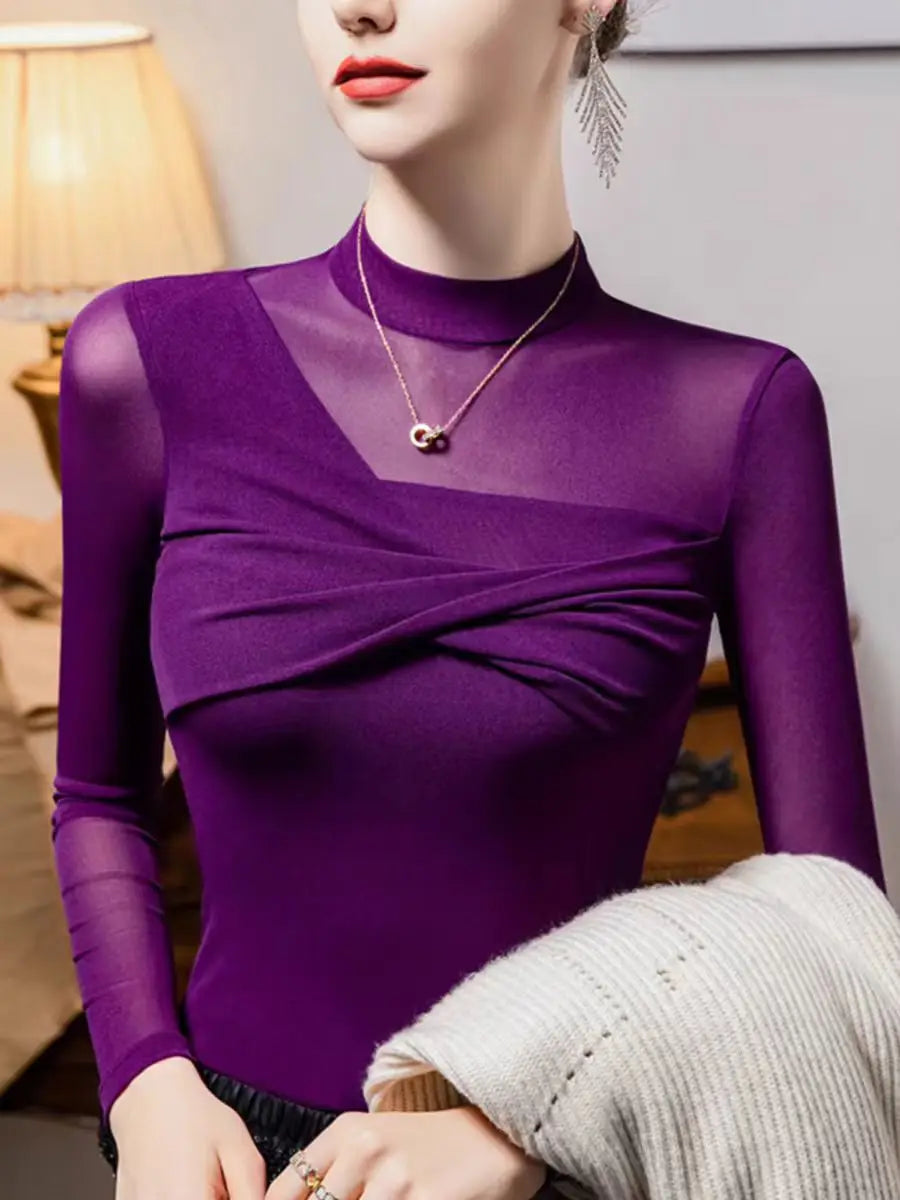 Women Long Sleeve One Shoulder Mesh Turtleneck Designer Blouse
