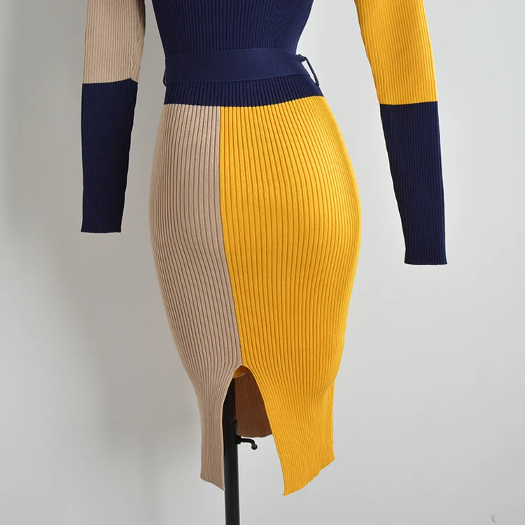 Women's Knitted Color Block Long Sleeve Turtleneck Sweater Dress with Belt
