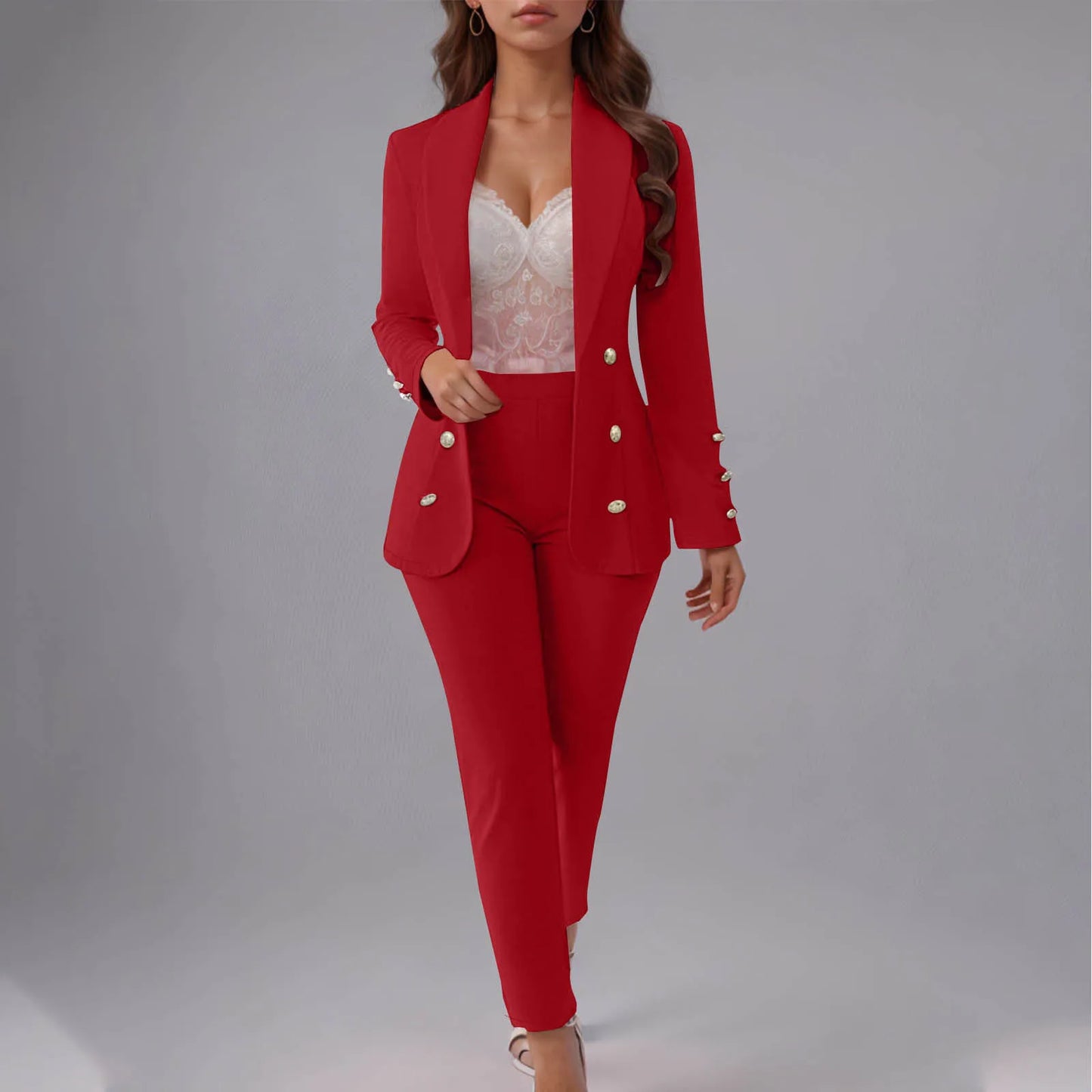Double Breasted Slim Fit Lapel Suit Jacket & Trousers 2 Piece Set