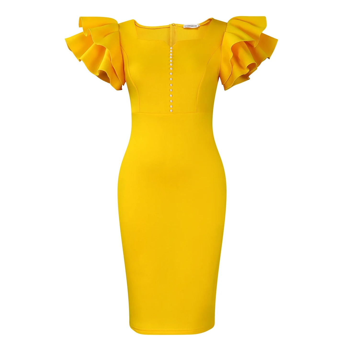 Designer Nail-Beaded Lotus Sleeve A-Line Dress
