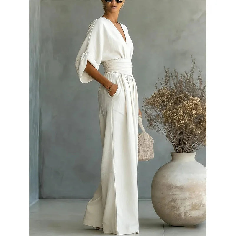 Women's High Waist V-neck Solid Color Wide Leg Jumpsuit