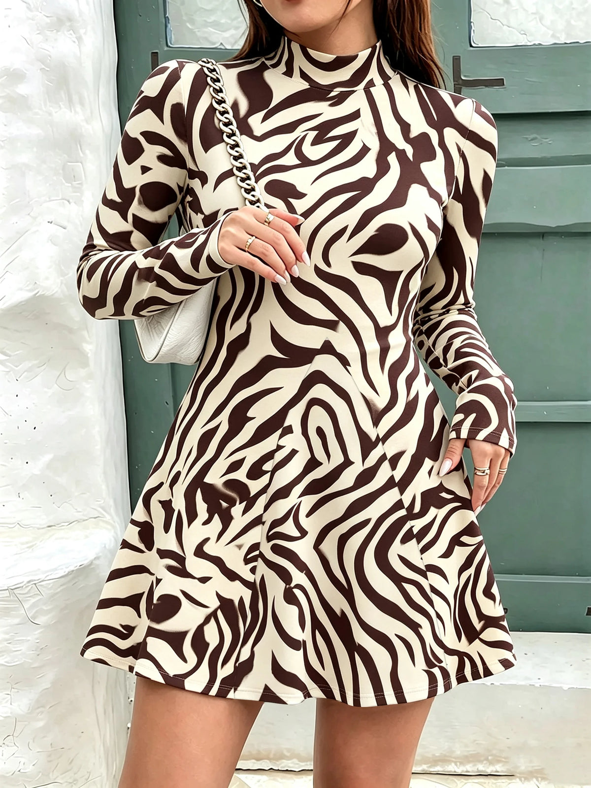Women's High Neck Mini Geometric Pattern Long Sleeve Waist Cinched A-Line Dress