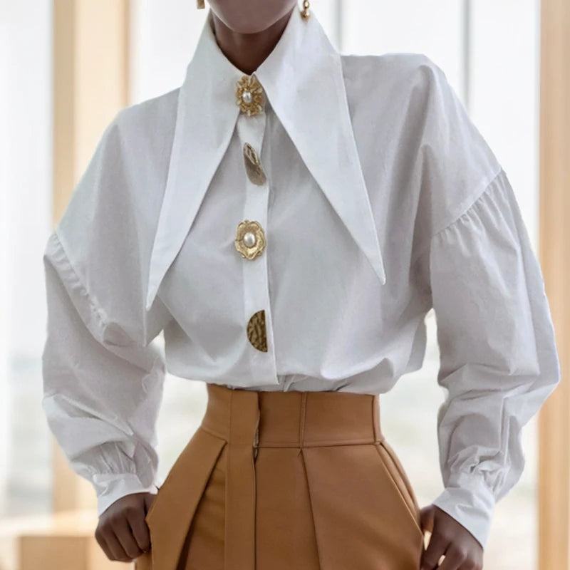 Women's Long Sleeve Pointed Collar Designer Button Down Blouse