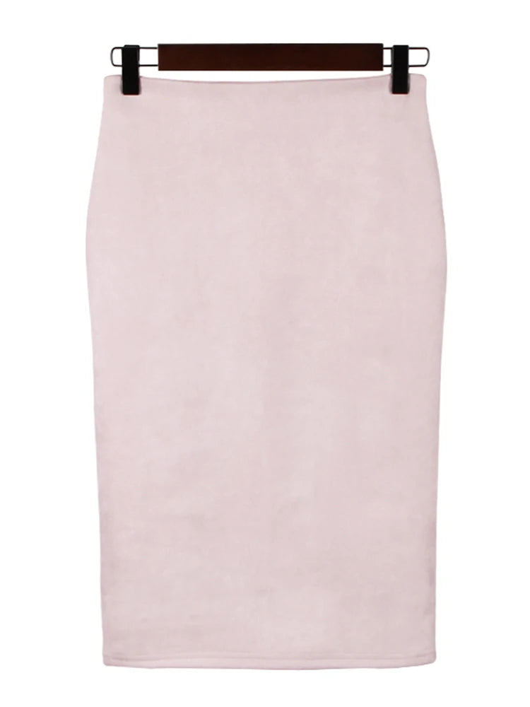 Sexy Multi Color Suede Elastic High Waist BodyCon Midi Pencil Skirt