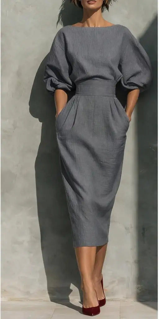 Women O-neck Lantern Sleeve Pocket Midi High Waist Pleated Wrap Hip Dress