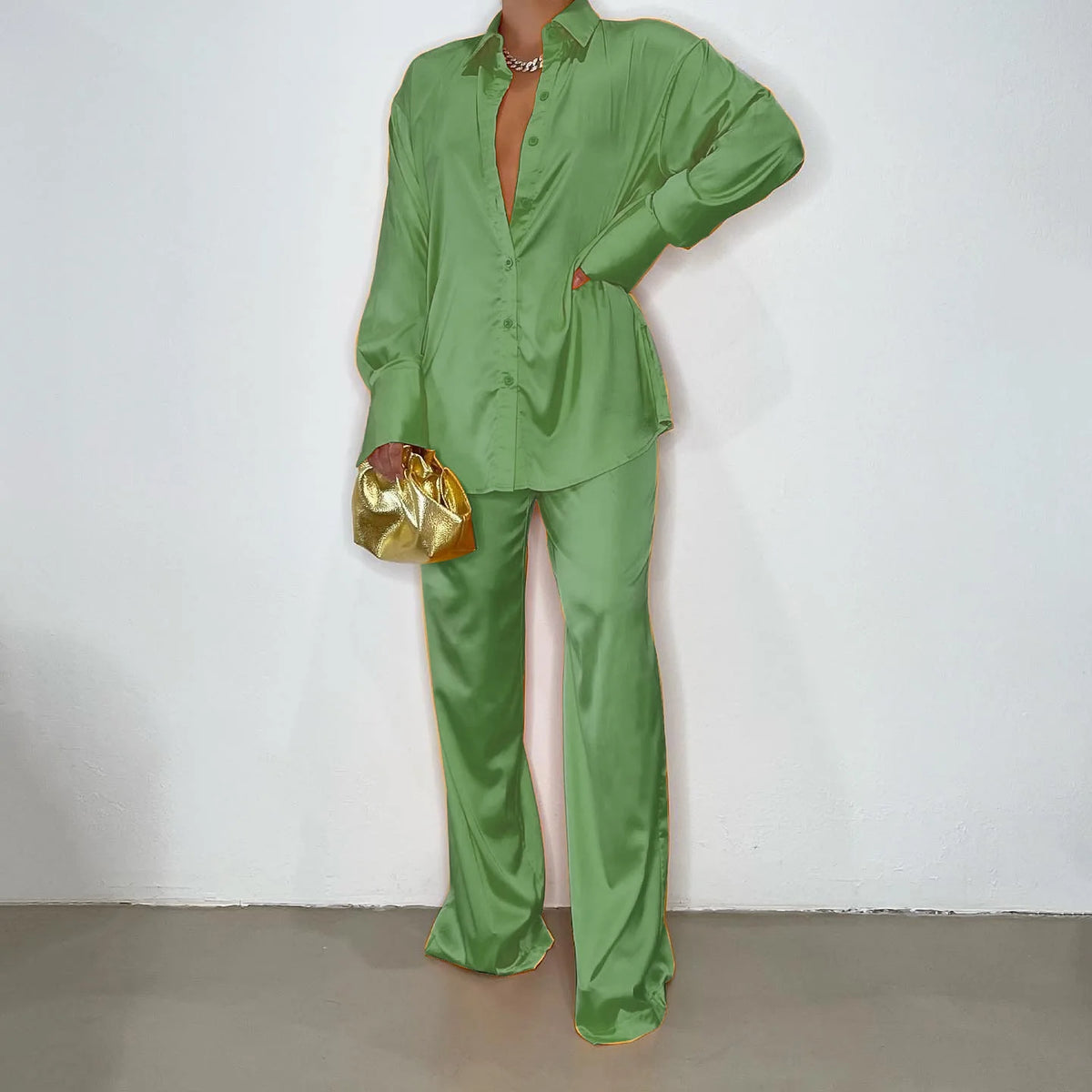 Elegant Satin Women's Long Sleeve Tracksuit And Wide Leg Pants