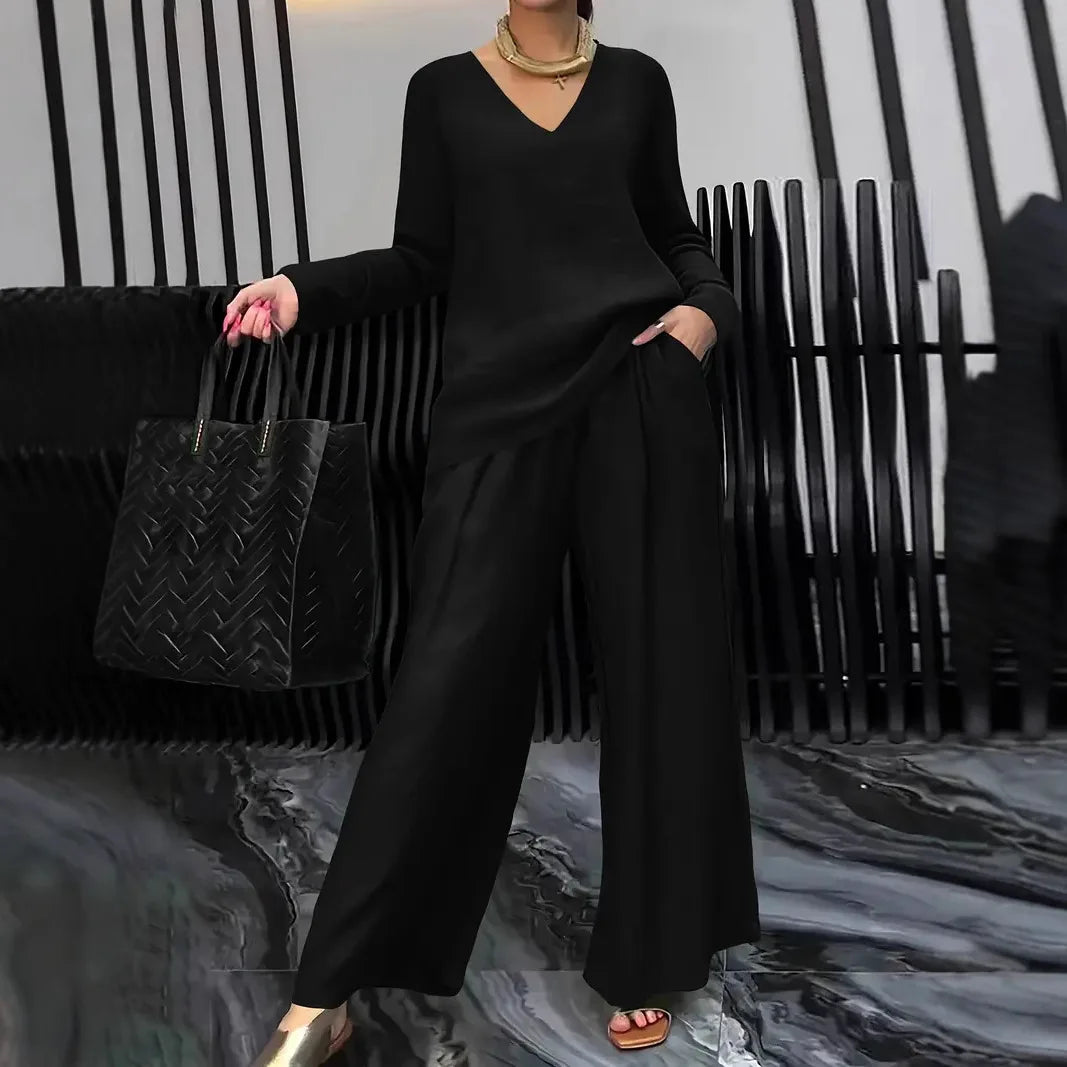 Summer Fashionable V-neck Top+ Long Pants 2 Piece Set