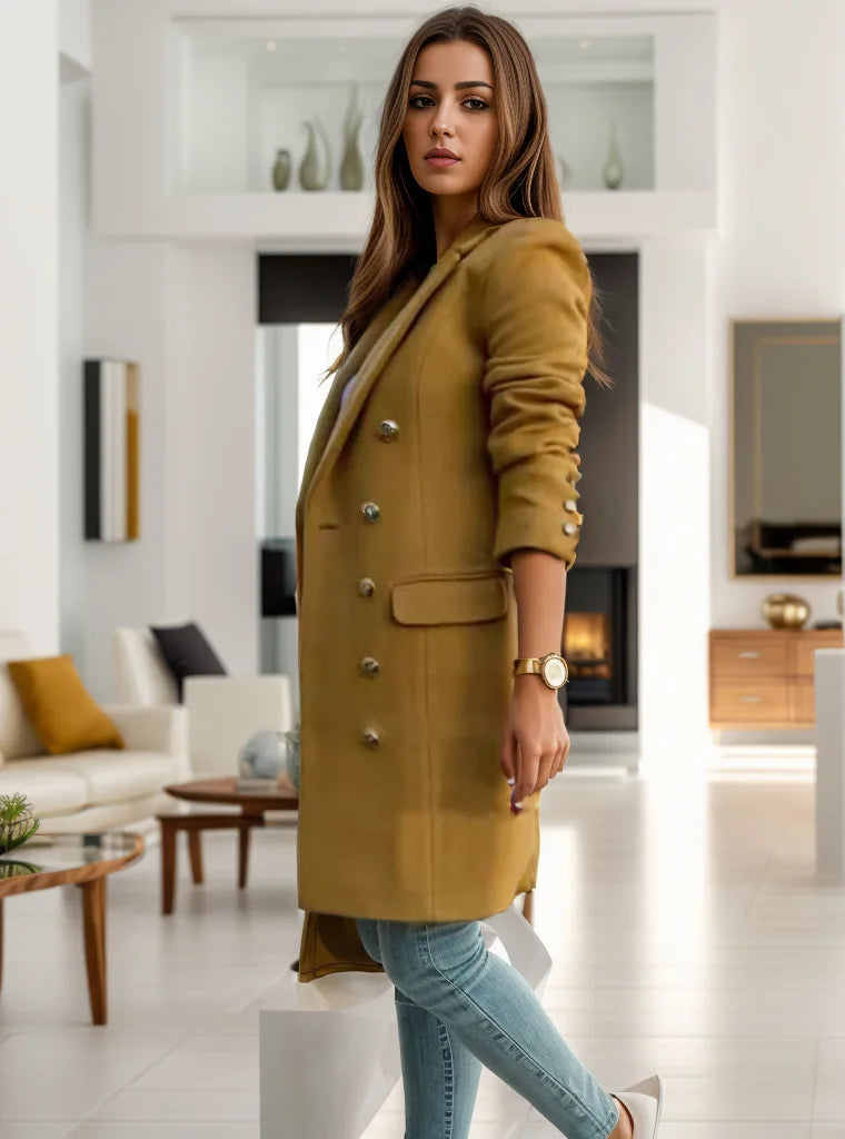 Women Solid Color Button Down Slim Sleeve Long Winter Coat
