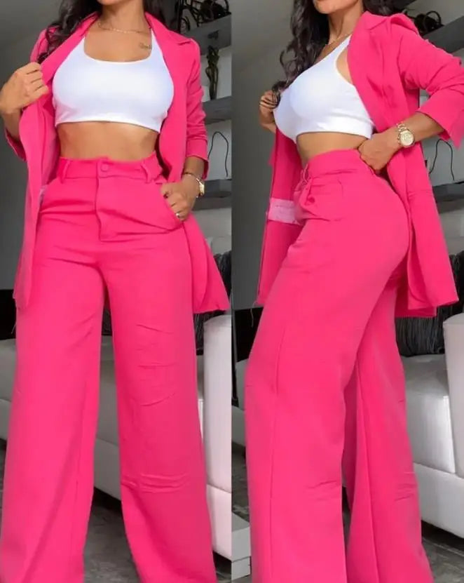 Designer Solid Color Button Blazer & Straight Leg Pant 2pc Set