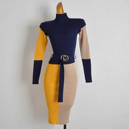 Women's Knitted Color Block Long Sleeve Turtleneck Sweater Dress with Belt