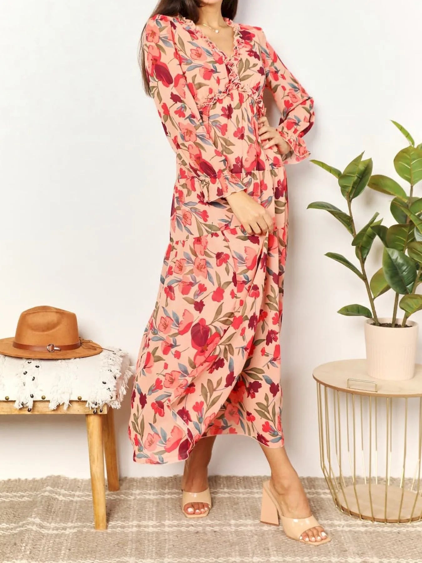 Elegant Floral Print Ruffle Layered Long Sleeved Chiffon A Line Long Maxi Dress