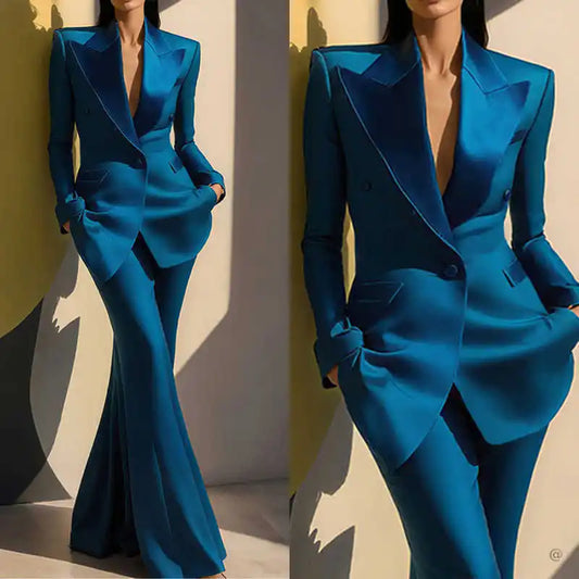 Women Peaked Lapel Double-breasted  2 Piece Blazer& Pants Suit