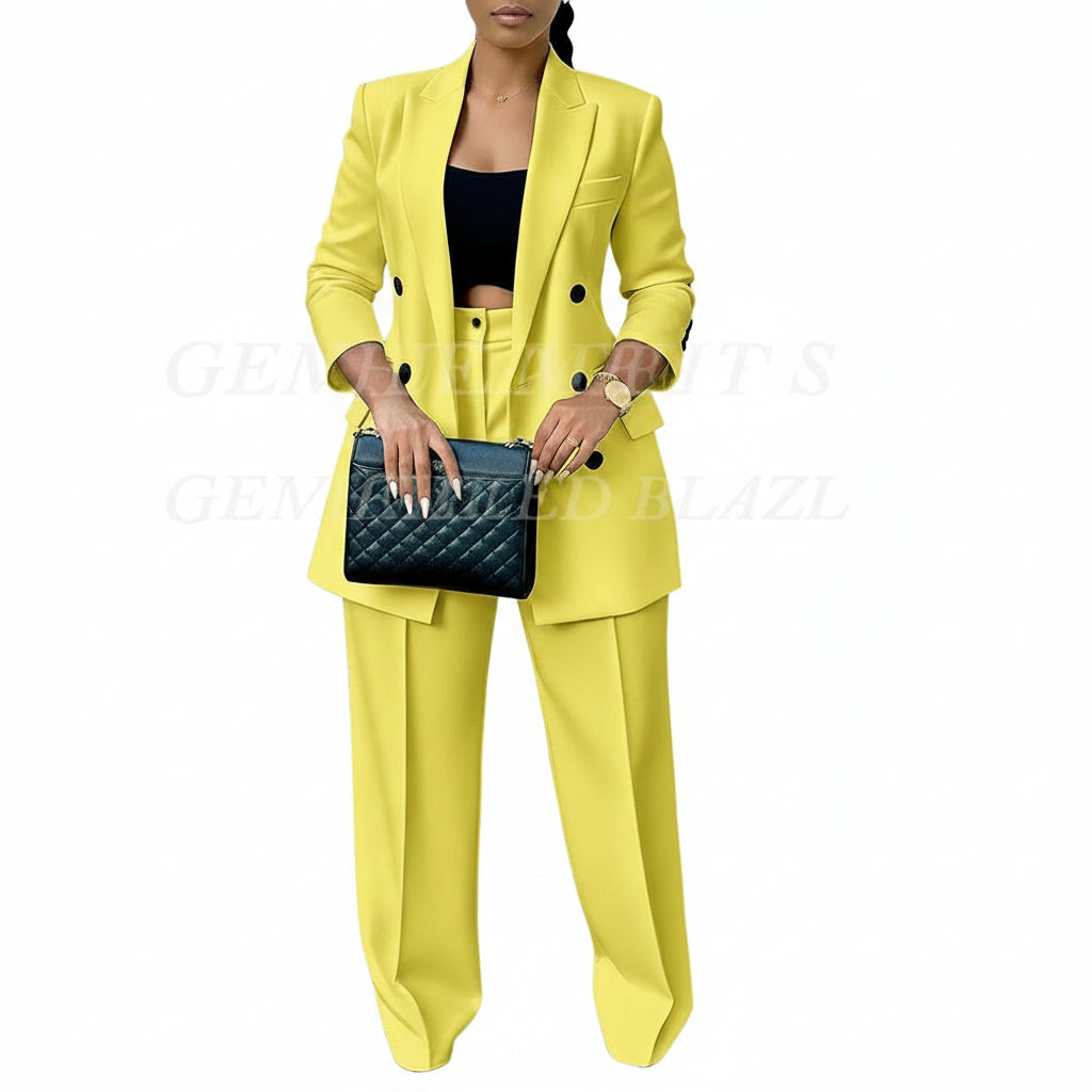 Elegant Women's Double Breasted Peak Lapel Blazer and Pleated Trouser Pants 2pc Suit