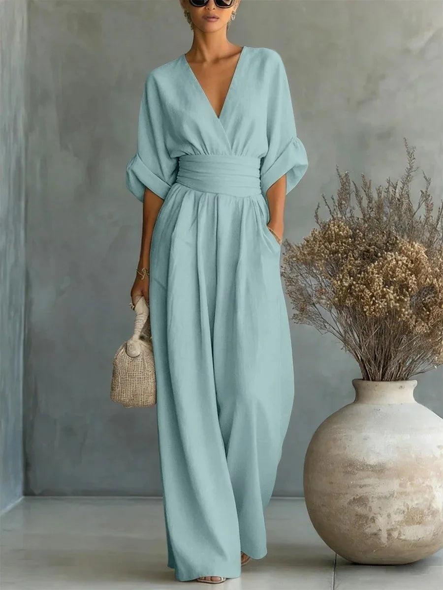 Women's High Waist V-neck Solid Color Wide Leg Jumpsuit