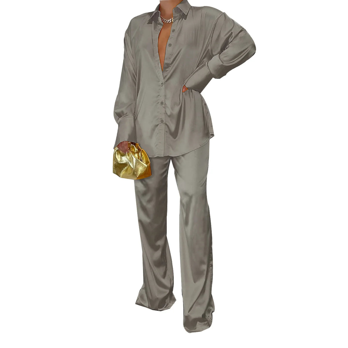 Elegant Satin Women's Long Sleeve Tracksuit And Wide Leg Pants