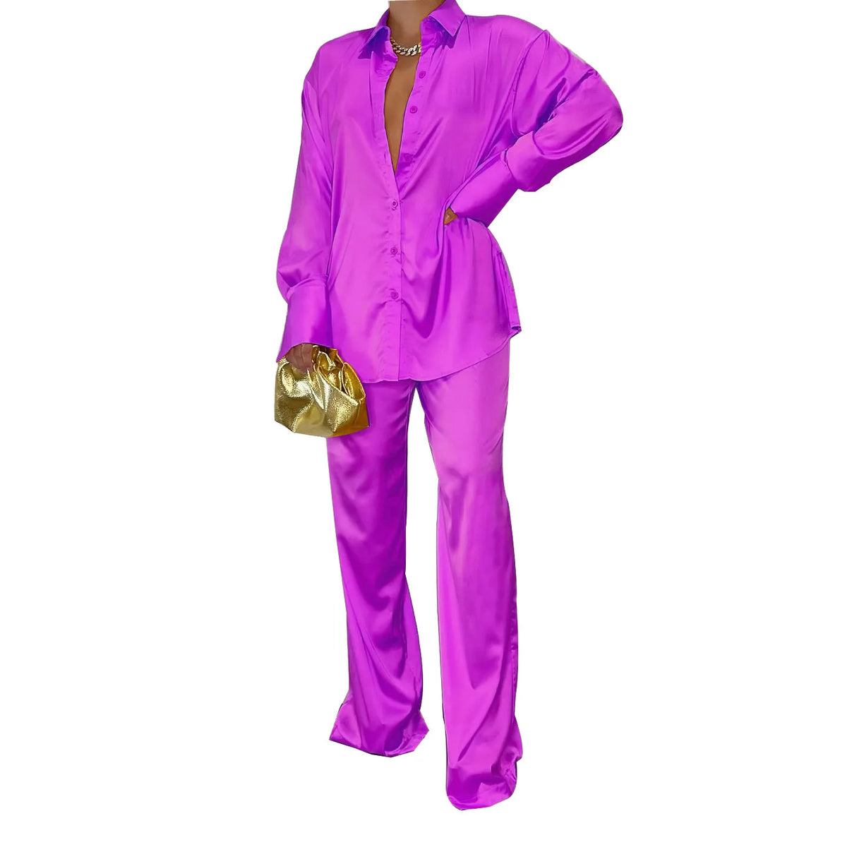 Elegant Satin Women's Long Sleeve Tracksuit And Wide Leg Pants