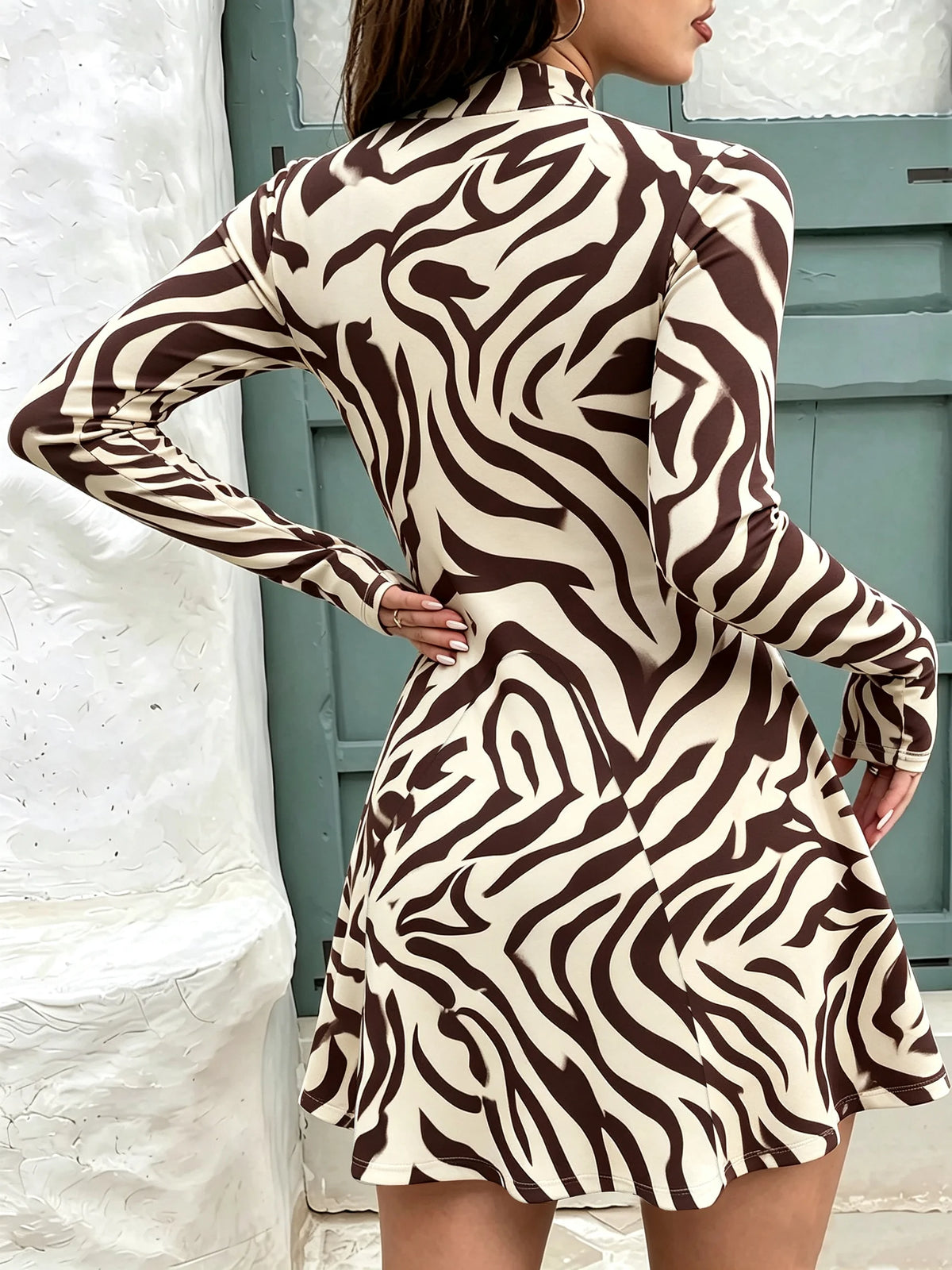 Women's High Neck Mini Geometric Pattern Long Sleeve Waist Cinched A-Line Dress
