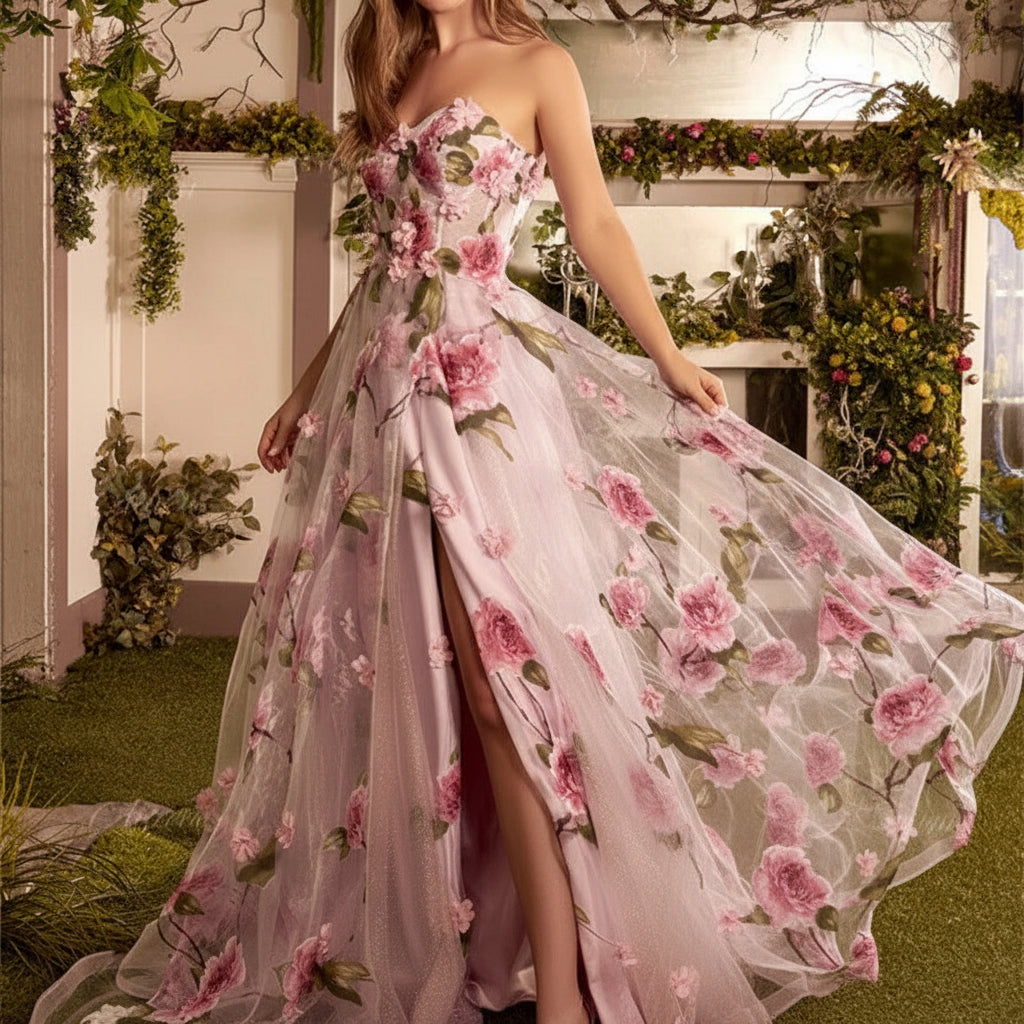 Flower Embroidery Elegant Luxury Chiffon Sweetheart Sexy Gown