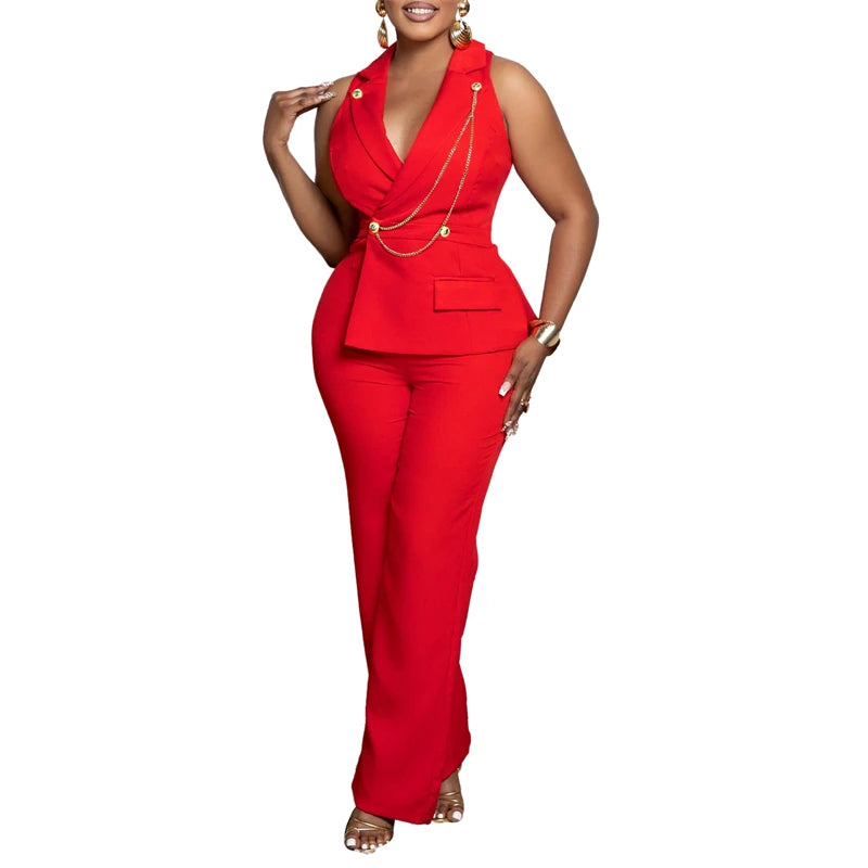 Women Elegant Blazer Sleeveless V-Neck Straight Pant Romper