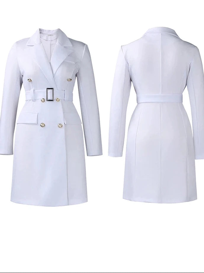 A white tailored coat shown from the front and back on a plain white background, with gold-tone double-breasted buttons and a matching waist belt. The brand name 'Mlaiscr' appears in the top left corner.