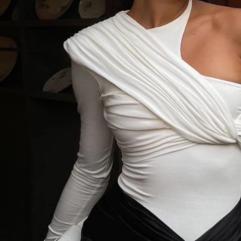 Sexy Pleated One Shoulder Long Sleeve High Waist Slim Backless Twist Bodysuit