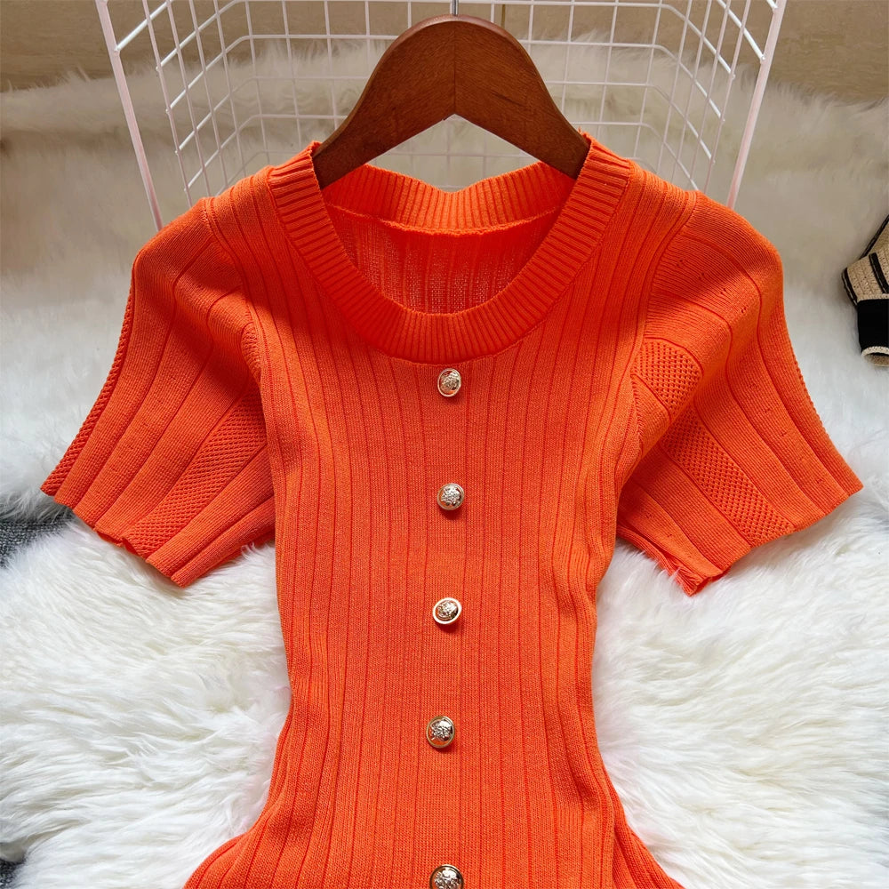 Knitted Designer Scoop Neck Short Sleeve Sweater Dress