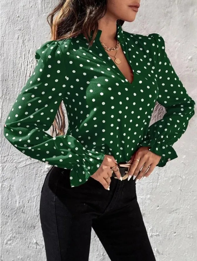 Women's Elegant Professional V-neck Polka Dot Long Sleeved Casual Chiffon Blouse