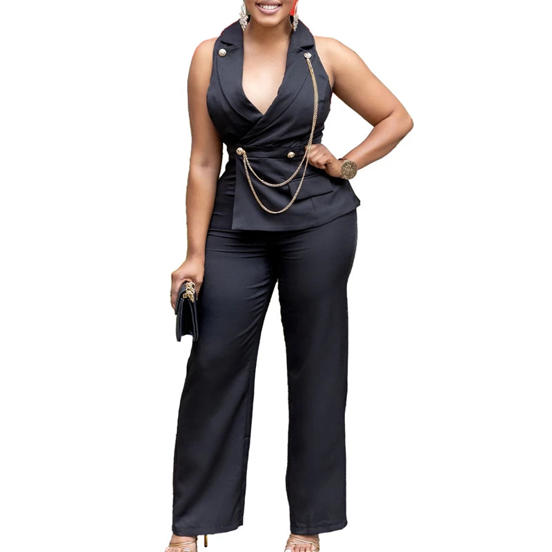 Women Elegant Blazer Sleeveless V-Neck Straight Pant Romper