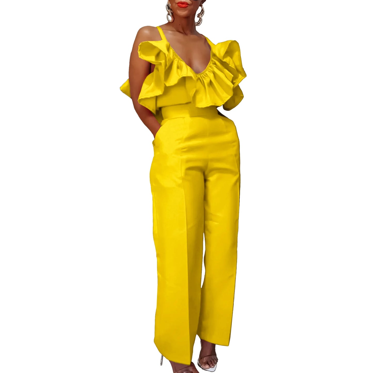 Designer Deep V Neck Ruffles High Waist Pants Jumpsuit