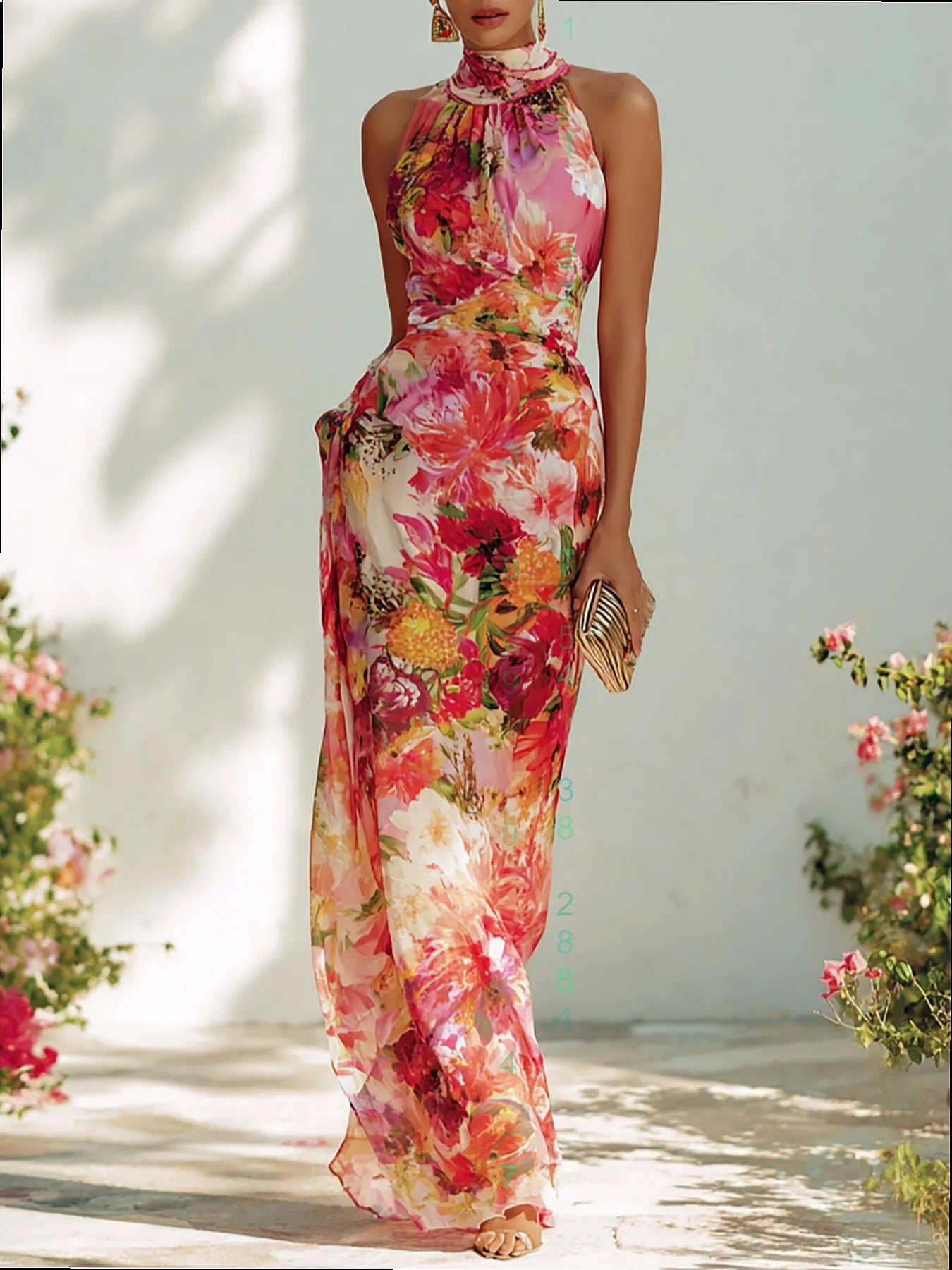 Summer Floral Print Halter Neck Sleeveless Bodycon Chiffon Dress