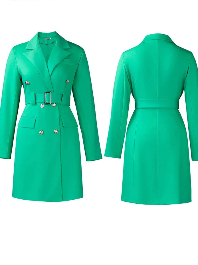 A bright green double-breasted belted coat shown from both front and back views on a plain white background, with the brand name 'Mlaicsr' printed in the top left corner.