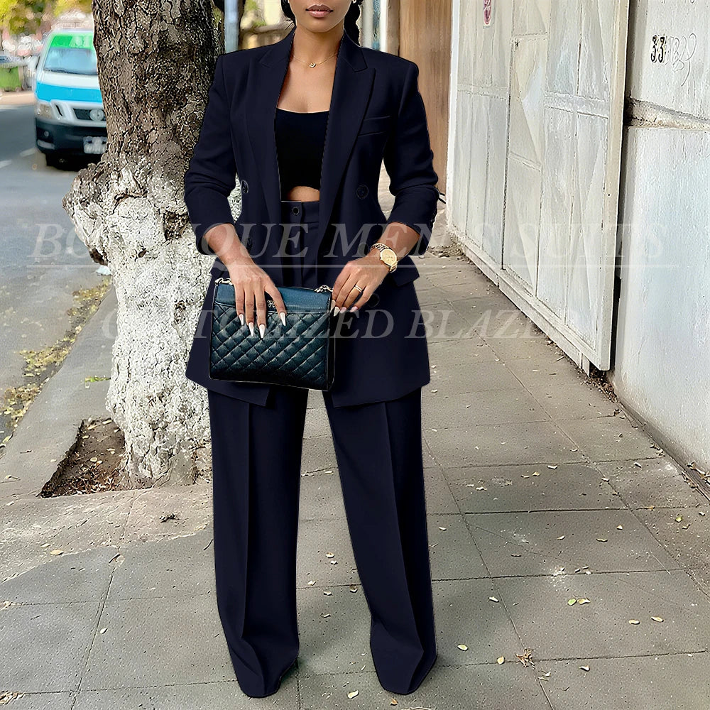 Elegant Women's Double Breasted Peak Lapel Blazer and Pleated Trouser Pants 2pc Suit